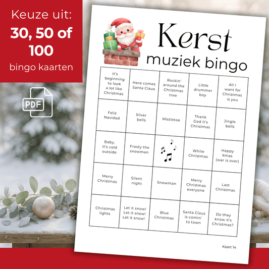 Speel kerstmuziek bingo met 30, 50 of 100 unieke kaarten, gezelligheid gegarandeerd
