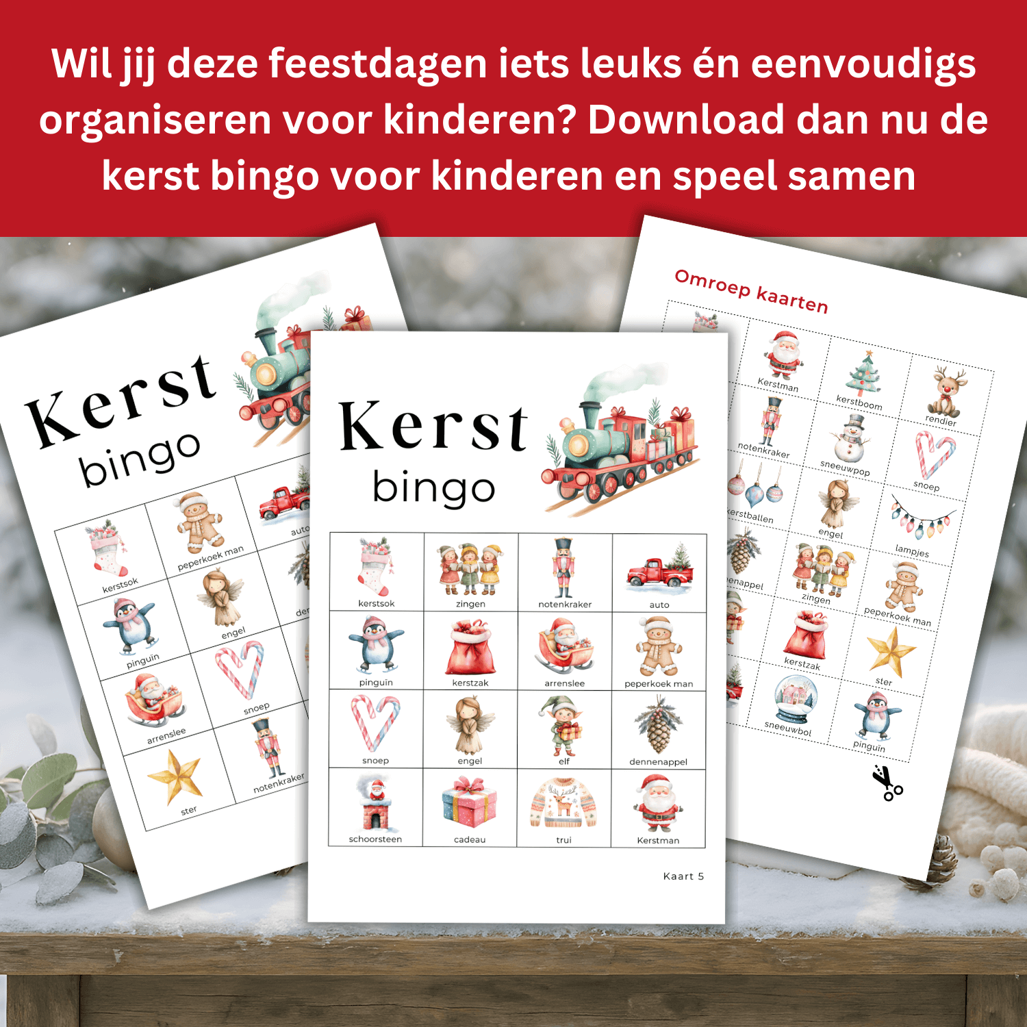 Vrolijk kerstspel voor kinderen met 4x4 kerst bingo plaatjes die je eenvoudig zelf kunt printen en spelen.