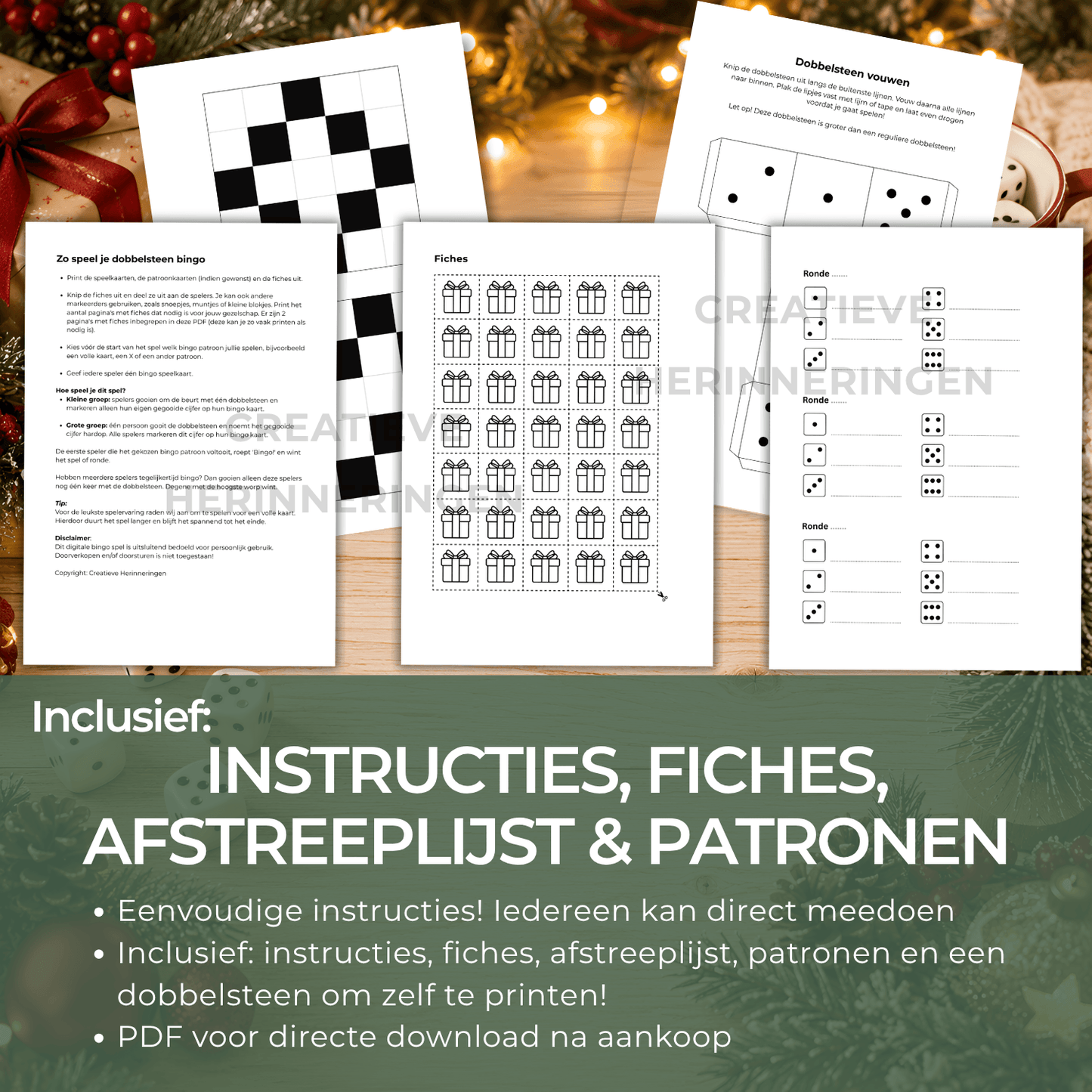 Kerstvakantie dobbelsteen spel met fiches, instructies, afstreeplijst en patronen om te printen