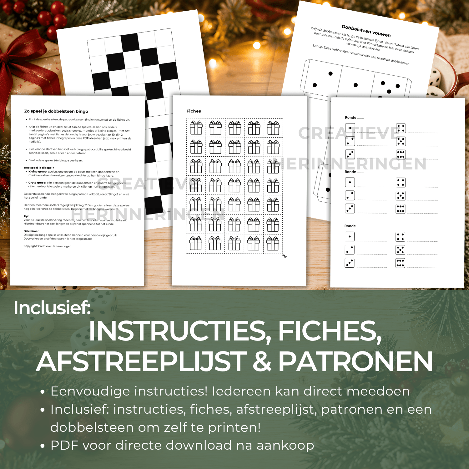 Kerstvakantie dobbelsteen spel met fiches, instructies, afstreeplijst en patronen om te printen