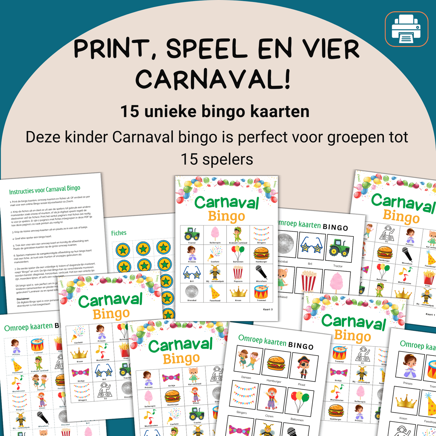 Educatieve kindercarnaval bingo met kleurrijke afbeeldingen, tot 15 spelers