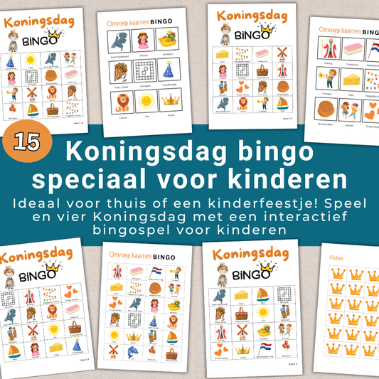 Uit te printen Koningsdag bingo kinderen pdf met 15 kaarten met herkenbare plaatjes en woorden die te maken hebben met Koningsdag.