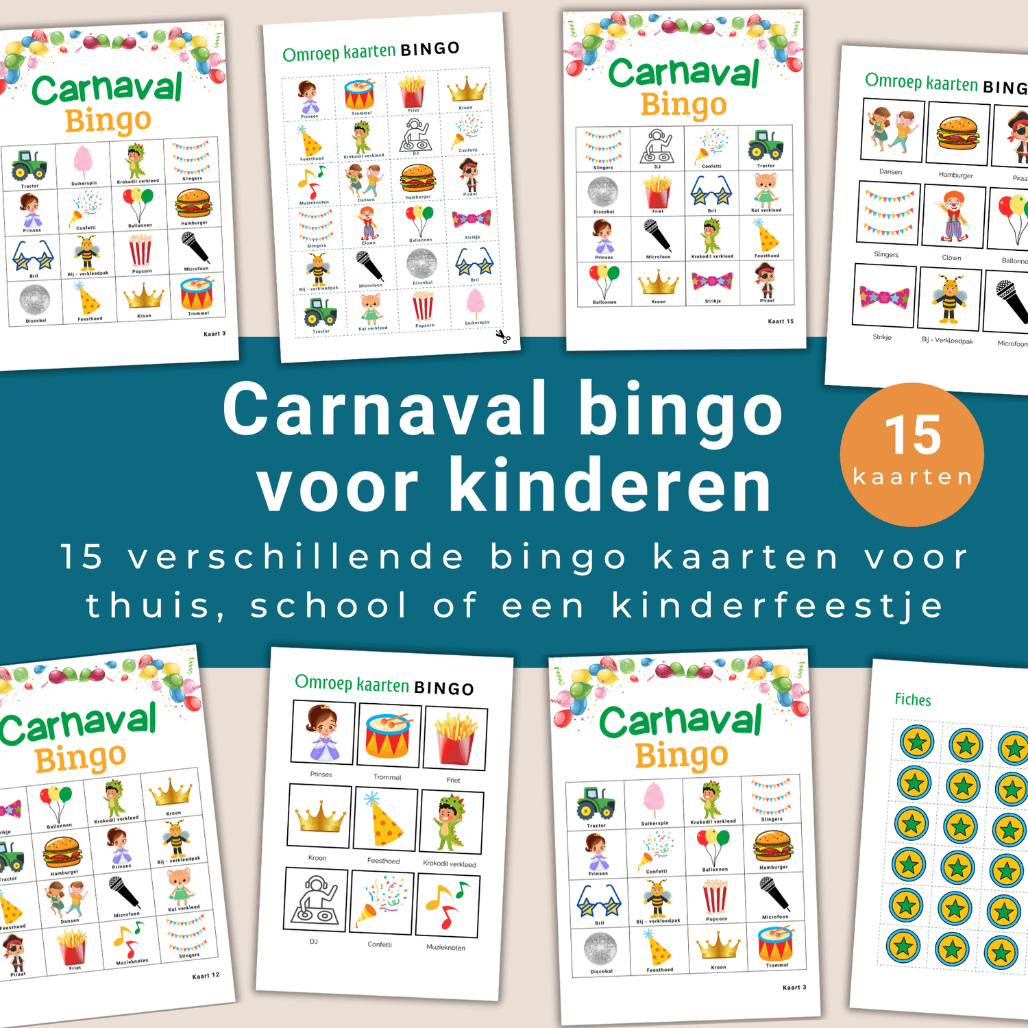 Kinder Carnaval bingo: 15 vrolijke bingokaarten als PDF