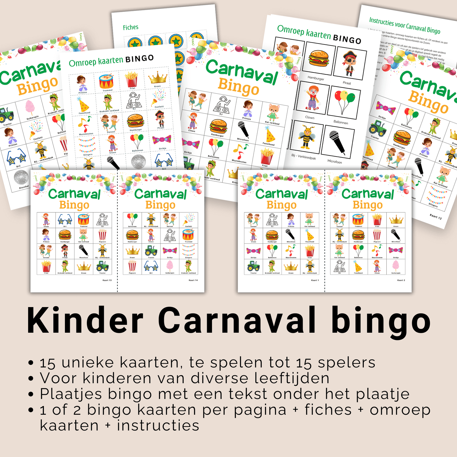 Carnavalsbingo voor kinderen: download en speel direct, met 15 bingo kaarten