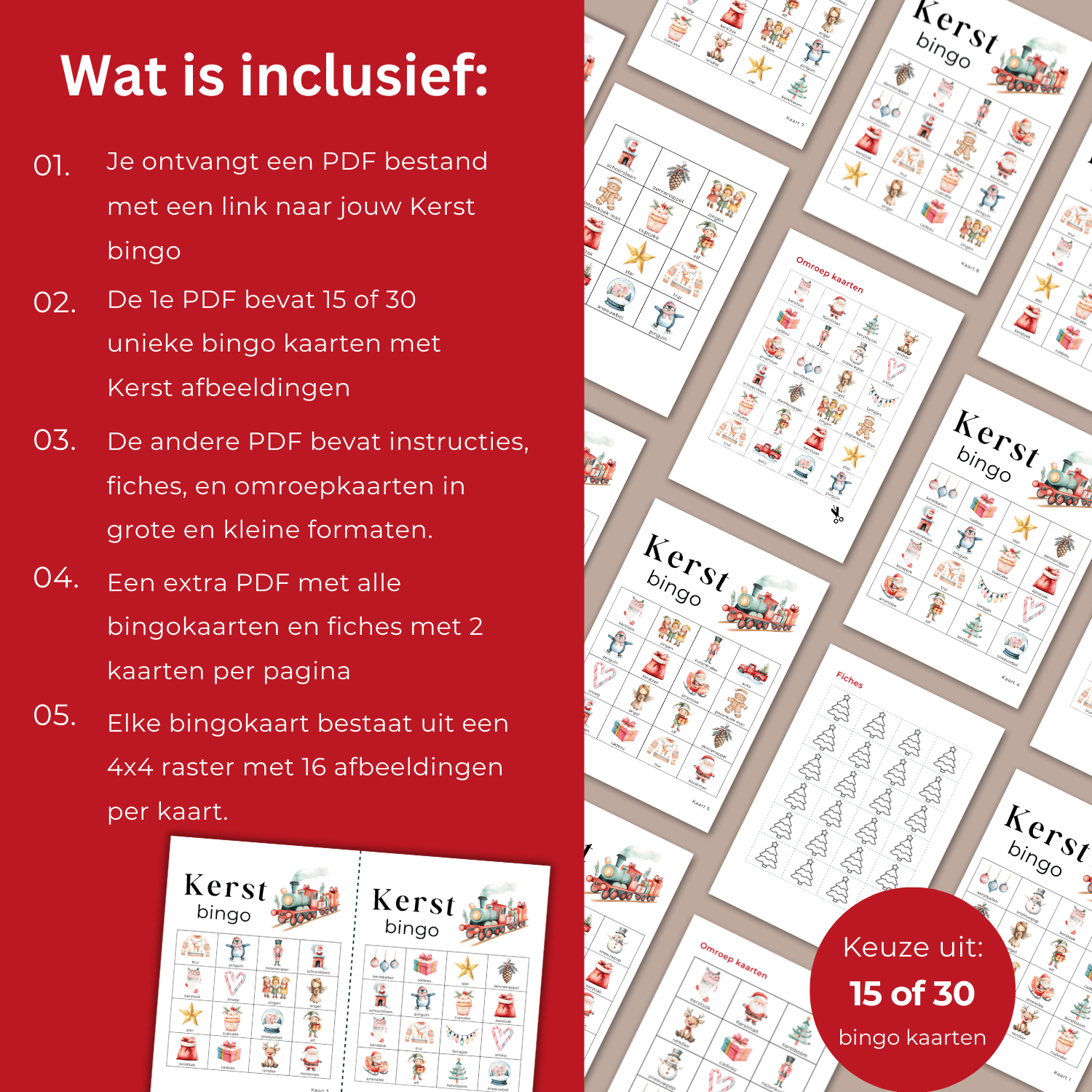 Kerst bingo spel voor kinderen, perfect om samen te spelen in de klas of met het gezin tijdens de kerstvakantie.