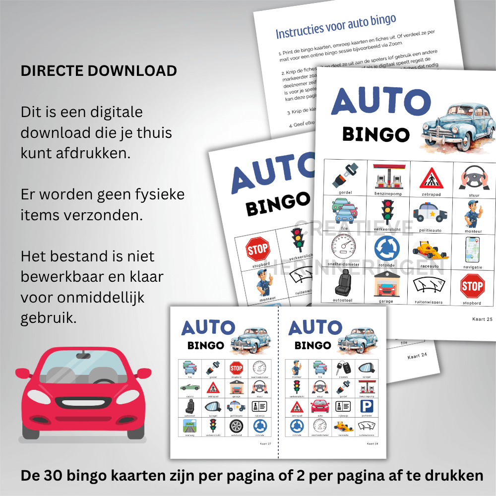 Auto spelletje voor kinderen in een auto thema om te downloaden en printen: 30 bingo kaarten