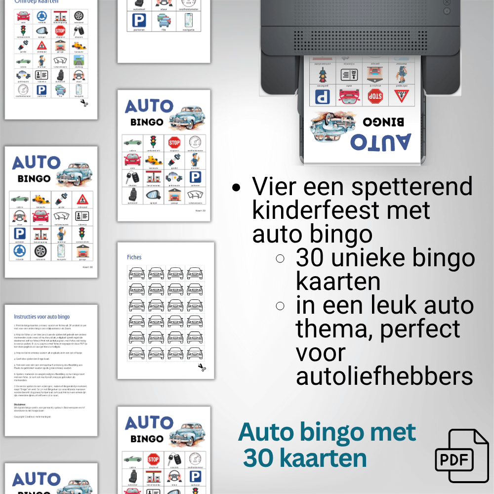 Uit te printen auto bingo spel voor kinderen in auto-thema, 30 unieke kaarten