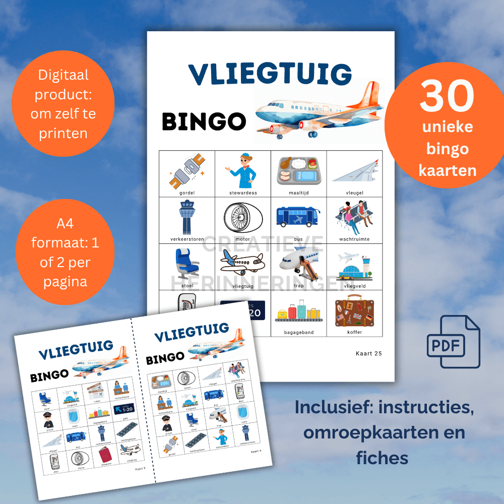Kinderbingo met vliegtuigen voor een grote groep kinderen (30 kaarten)
