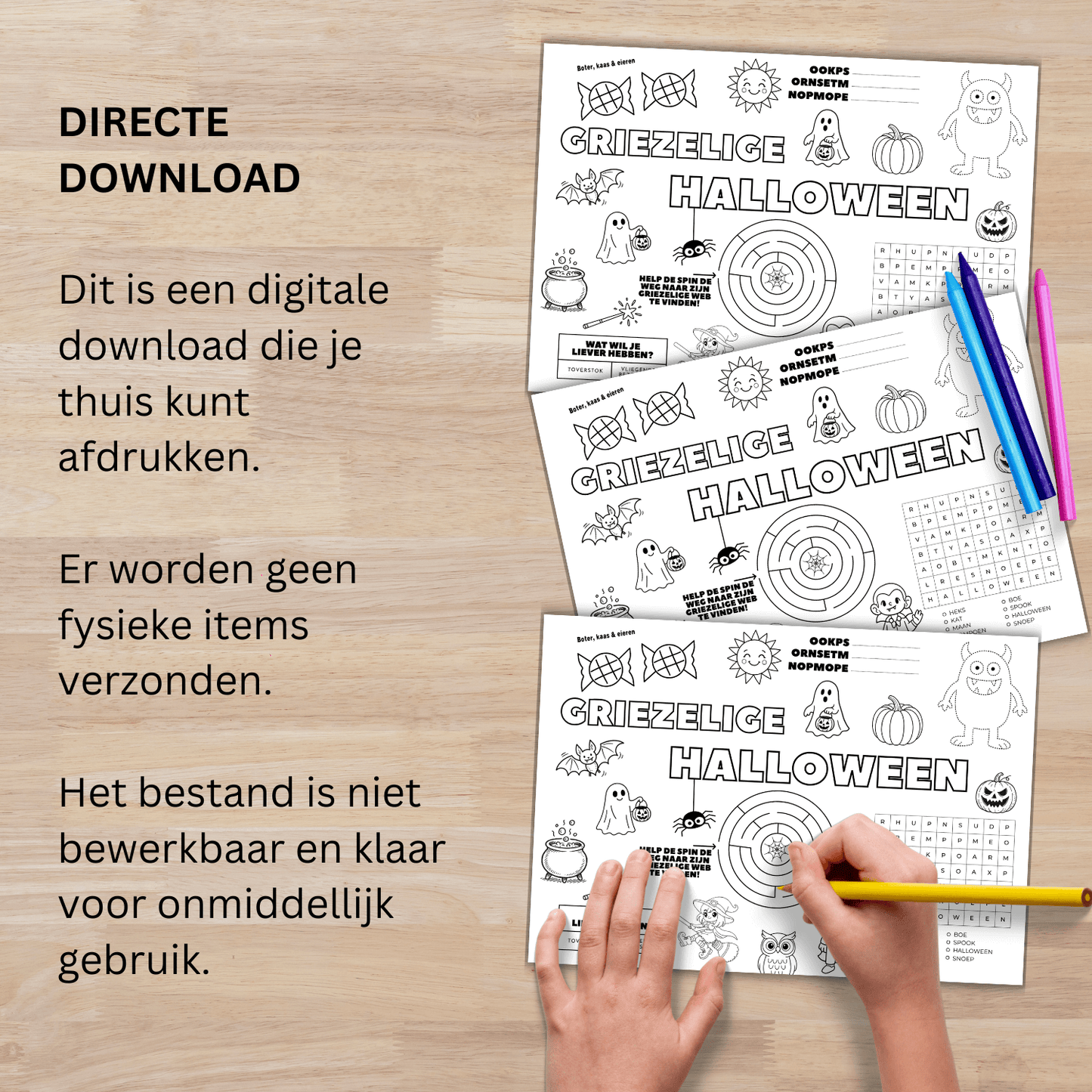 Kleurplaat placemat met Halloween spelletjes voor kinderen (A4 pdf)