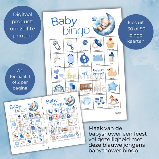 Babyshower bingo voor jongen in blauw thema met teddybeer maan en ster