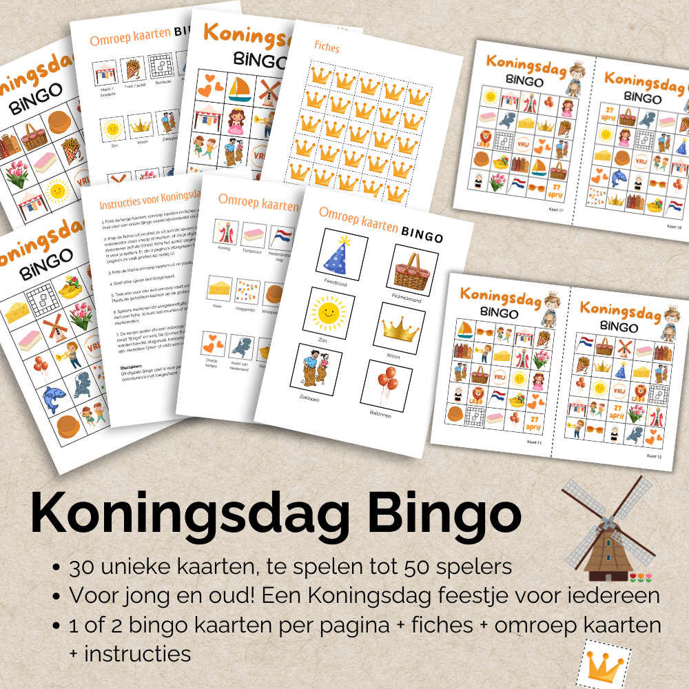 Koningsdag feest bingo voor grote groepen: Download en speel direct met 50 kaarten.