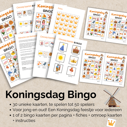 Koningsdag feest bingo voor grote groepen: Download en speel direct met 50 kaarten.