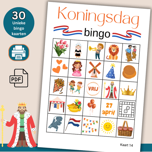 Bingo spel voor Koningsdag activiteiten, eenvoudig te printen als PDF, 30 spelers