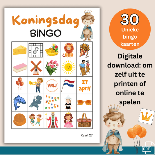 Koningsdag Bingo met typisch Hollandse afbeeldingen op de 30 unieke bingo kaarten.