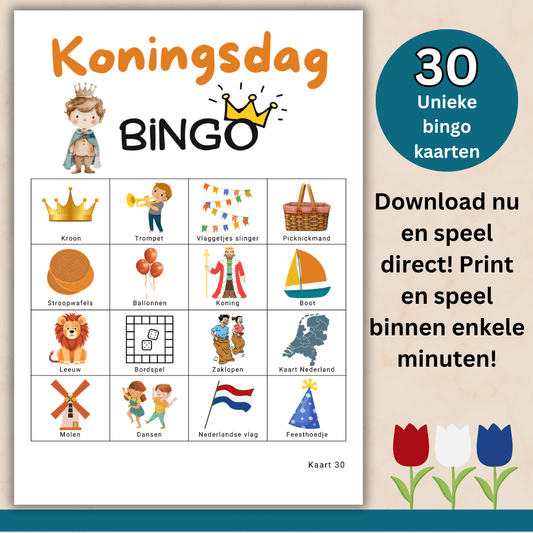 Speel Koningsdag bingo kinderen met 30 kaarten en maak van de basisschool een feest.