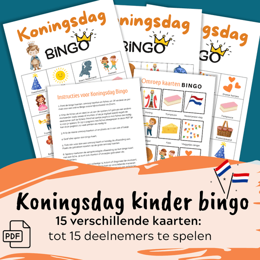 Interactieve kinder bingo Koningsdag pdf, perfect voor een gezellige Koningsdag activiteit met kinderen, 15 kaarten.
