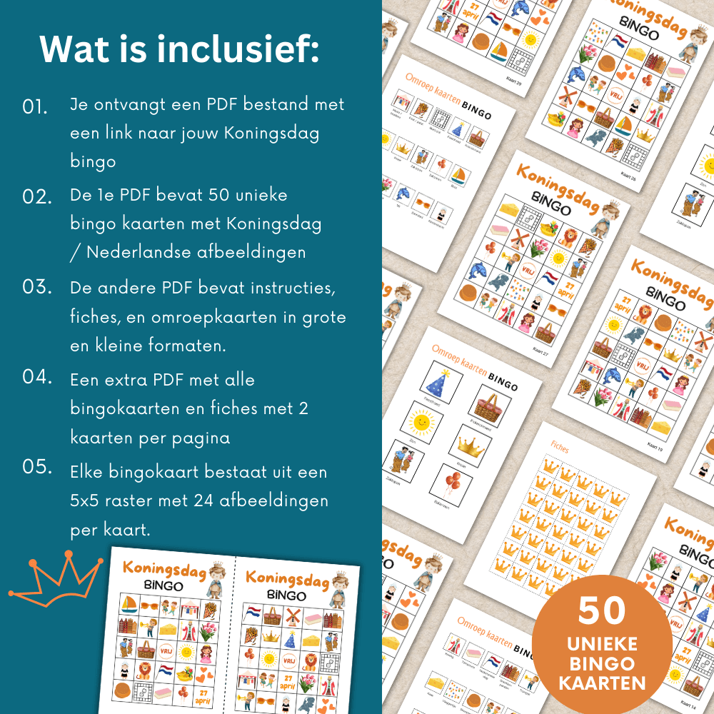 Bingo voor Koningsdag activiteiten: Speel met 50 kaarten en geniet van een gezellig feestje en spelletje