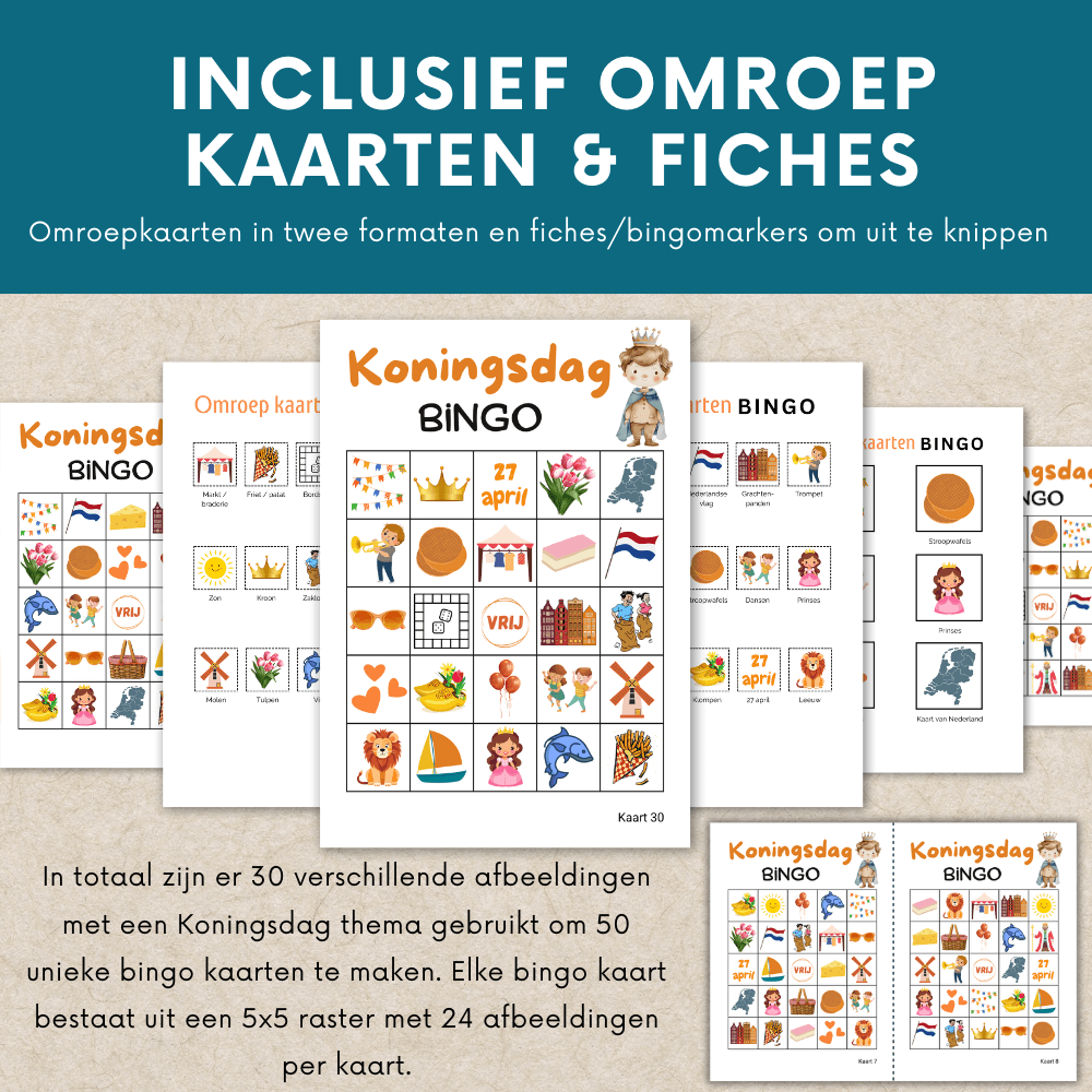 Bingo als Koningsdag feest activiteit: Download de PDF en speel met 50 kaarten.