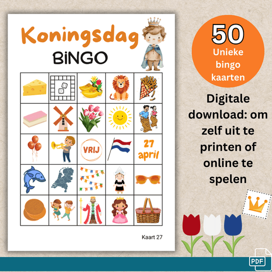 Koningsdag feest: Bingo spel met 50 unieke kaarten, direct te downloaden als PDF.