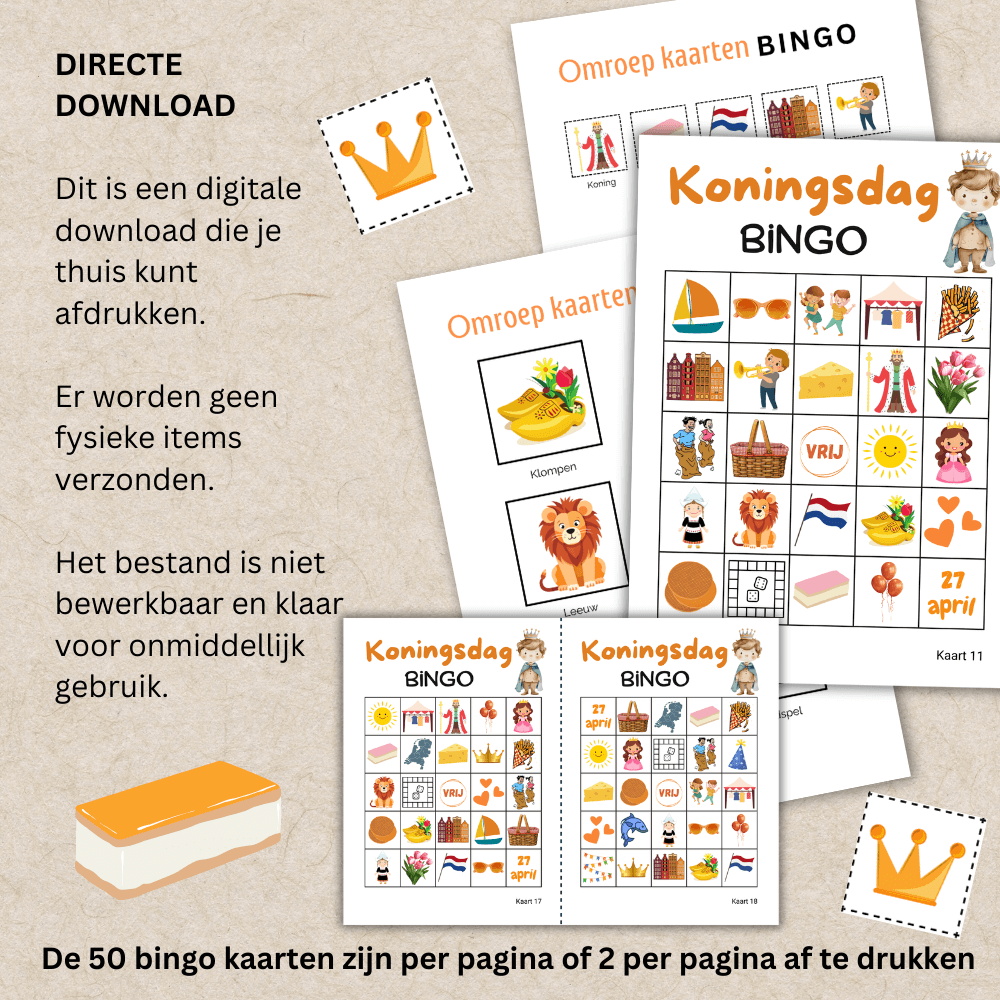 Koningsdag feest bingo voor jong en oud: Een gezellig en printbaar spel. 50 verschillende bingo kaarten