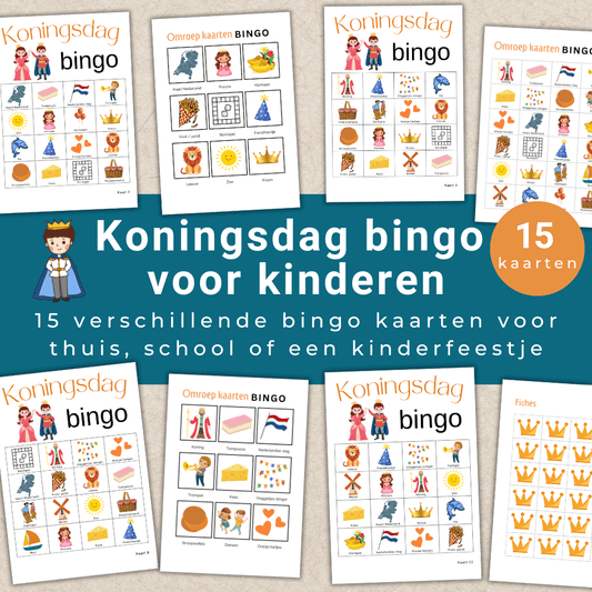 Koningsdag kinderen bingo spel, print en speel thuis met 15 feestelijke kaarten.