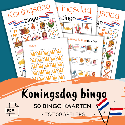 Bingokaarten Koningsdag: Leuke en direct te spelen Koningsdag activiteit tot 50 deelnemers.