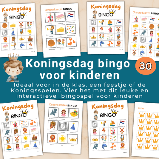 Een van de leukste Koningsdag spelletjes voor basisschool kinderen, direct te printen 30 unieke kaarten.