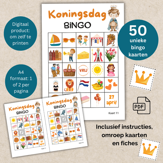 Bingo spel voor Koningsdag feest: 50 printbare kaarten voor een feestelijke activiteit met vrienden en familie.