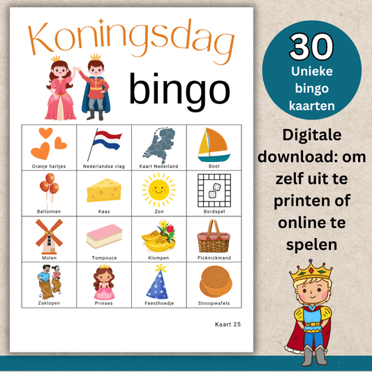 Koningsdag kinder bingo spel, een feestelijke en leerzame schoolactiviteit, 30 bingo kaarten.