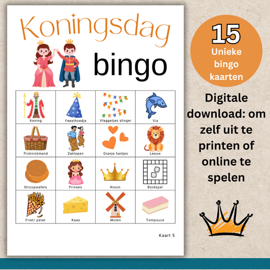 Koningsdag kinderactiviteiten, eenvoudig te printen bingo met vrolijke plaatjes voor kinderen.