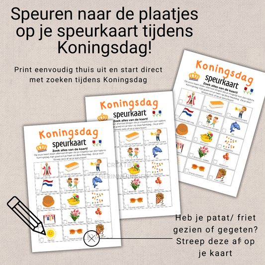 Speurkaart voor Koningsdag kinderen: een zoekspel vol feestelijke elementen.