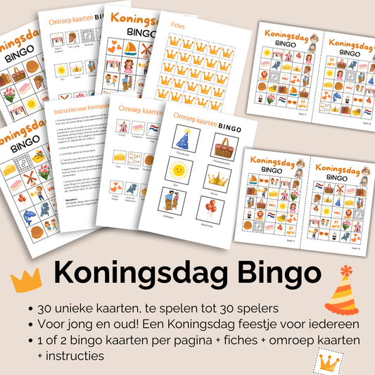 Koningsdag feest, en op school. 30 verschillende bingo kaarten