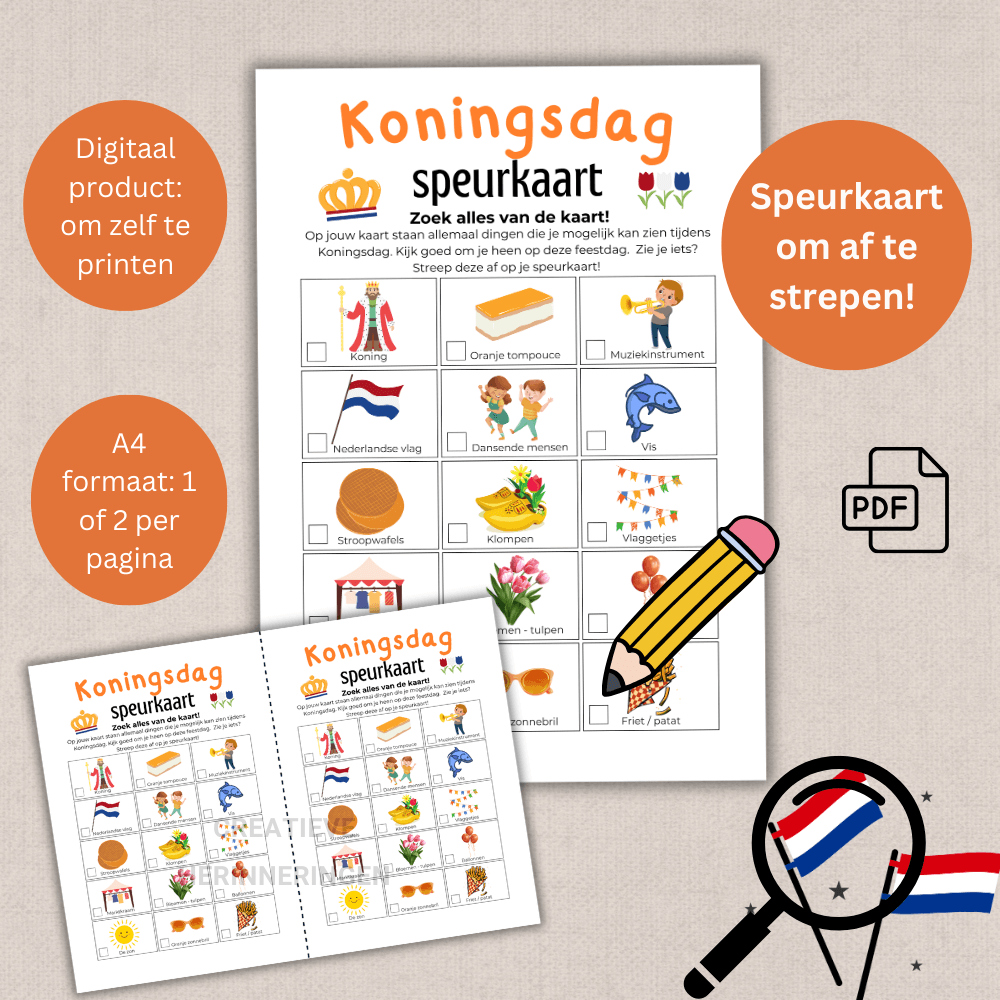 Koningsdag speurkaart spelletje voor kinderen: direct te downloaden en te printen.