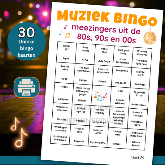 Digitale meezingers bingo met 30 kaarten vol herkenbare muziek uit de jaren 80, 90 en 00s. Leuk voor thuis, familie of vriendengroepen.