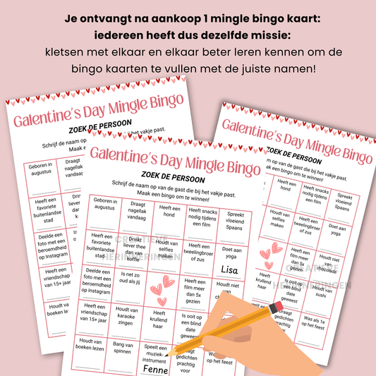 Zoek-de-gast Bingo kaart voor een gezellig Galentine feest