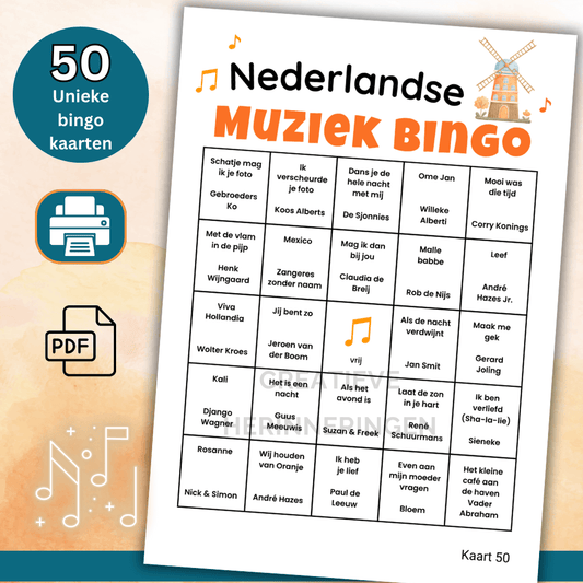 Muziek bingo spel voor 50 spelers met Nederlandse hits en bingo kaarten PDF