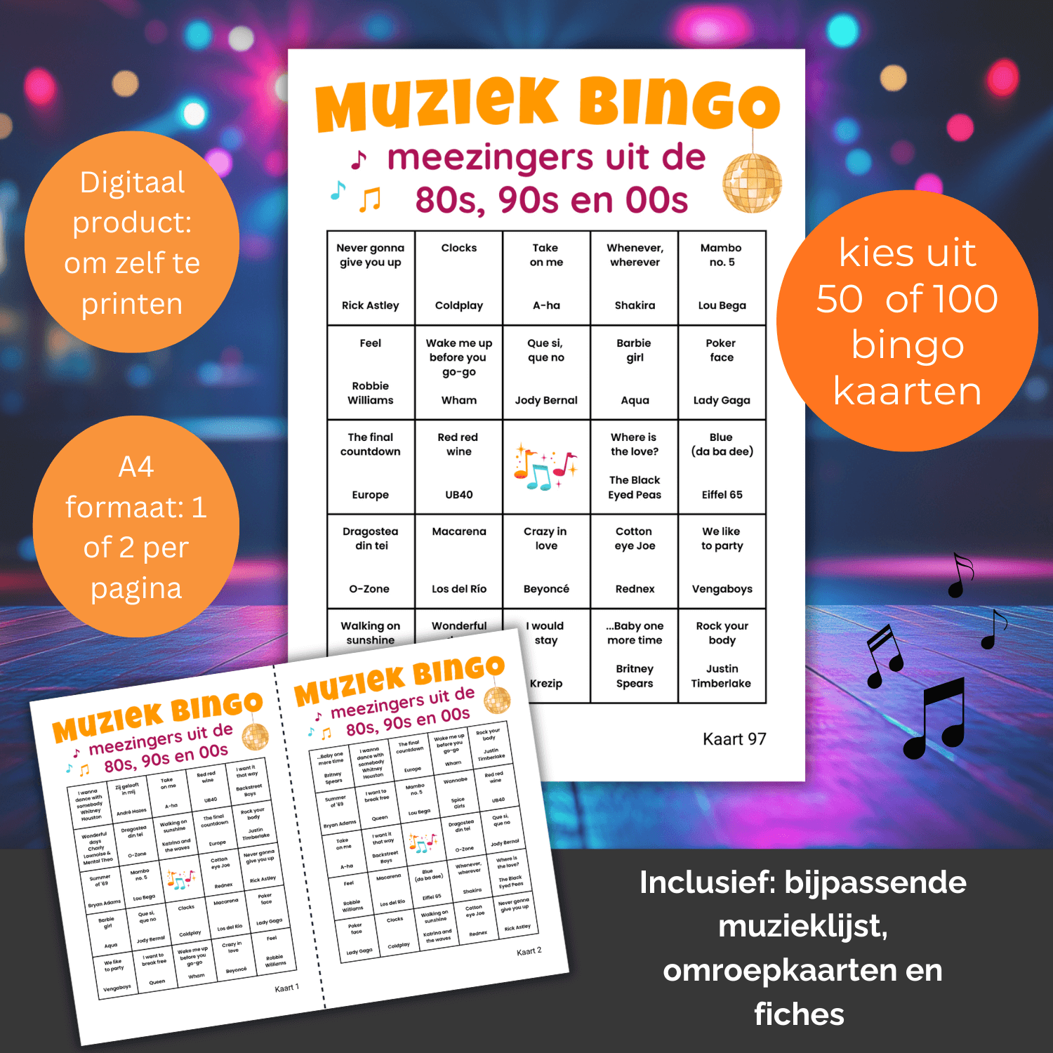 Feestelijk muziekfeest bingo spel voor volwassenen, geschikt voor teamuitjes, familie-avonden en vriendengroepen. Tot 50 of 100 spelers
