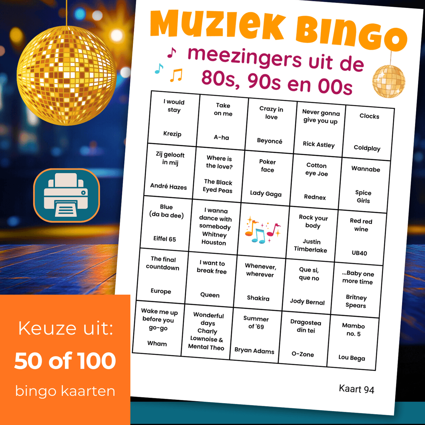 Muziekfeest bingo spel met 50 of 100 unieke kaarten vol herkenbare liedjes uit de jaren ’80, ’90 en ’00. Ideaal voor groepen en feestjes.