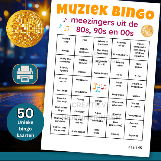 Muziekfeest bingo spel met 50 unieke kaarten vol herkenbare liedjes uit de jaren ’80, ’90 en ’00. Ideaal voor groepen en feestjes.