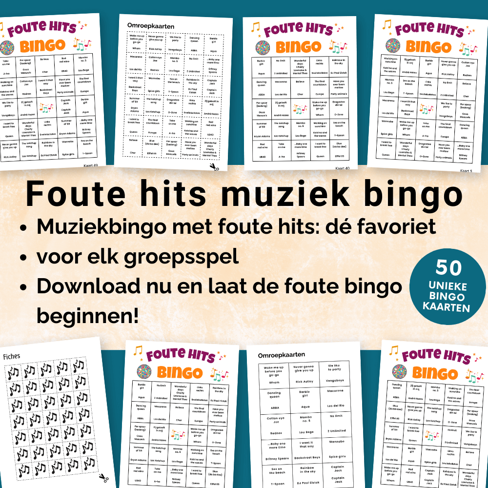 Foute muziek bingo voor buurtfeesten, feestjes met collega’s , spelletjesavond met vrienden en familie