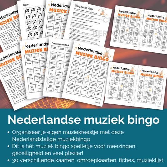 Digitale muziek bingo spel met 30 unieke kaarten, omroepkaarten en fiches op basis van Nederlandse muziek