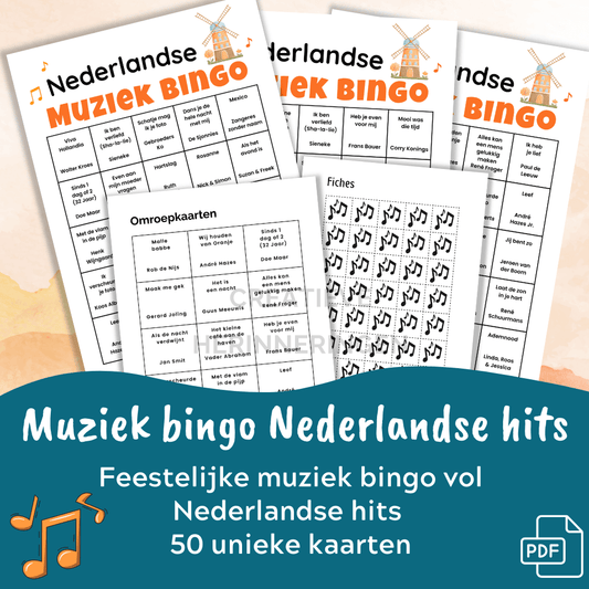 Voorbeeld van Nederlandse hits muziekbingo kaarten voor groepen tot 50 personen
