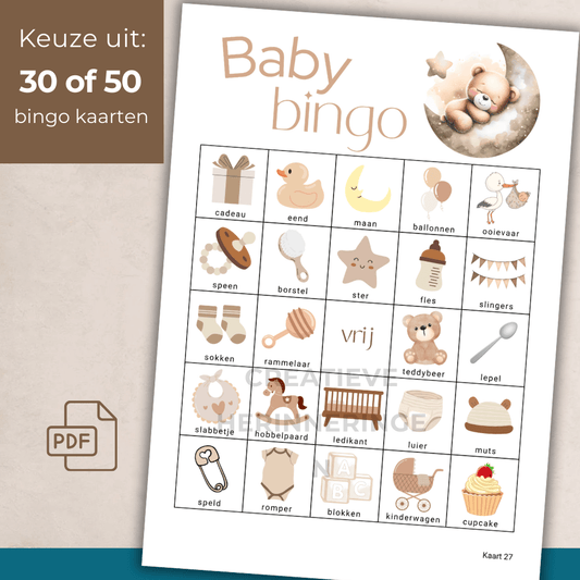Neutrale babyshower bingo in beige teddybeer thema, set van 30 of 50 te printen kaarten