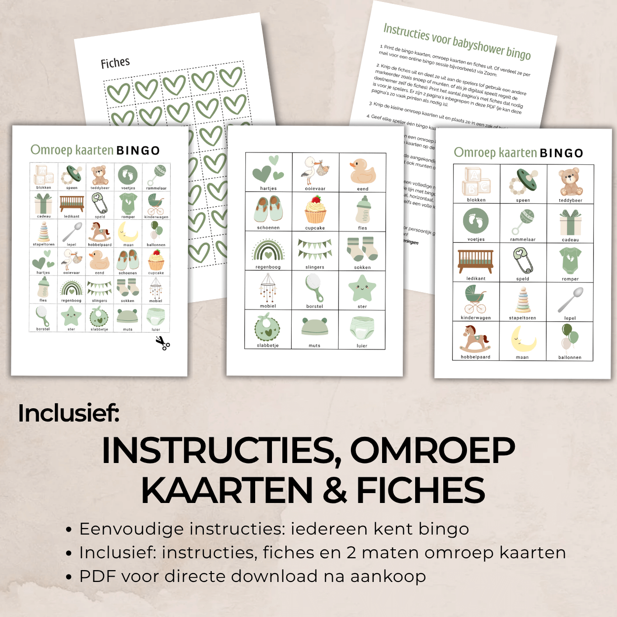 Neutrale babyshower bingo groen teddybeer en maan, geschikt voor elke groep