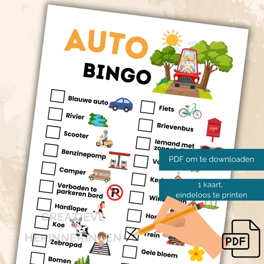 Kinderen spelen onderweg met een speurkaart vol herkenbare afbeeldingen die ze in de auto kunnen zoeken en afstrepen