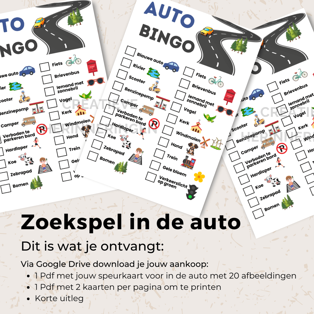 Auto spelletje waarbij kinderen onderweg hun eigen speurtocht beleven met herkenbare objecten te zoeken en af te strepen