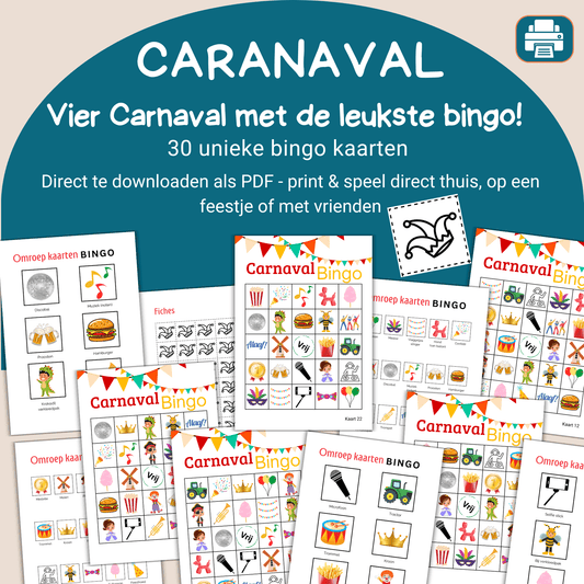 Feestelijke Carnaval Bingo met plaatjes en 30 unieke kaarten