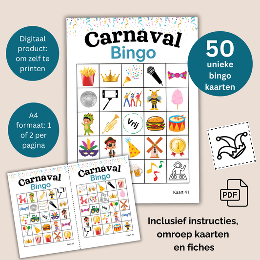 Online bingo spel Carnaval – PDF met 50 unieke bingokaarten
