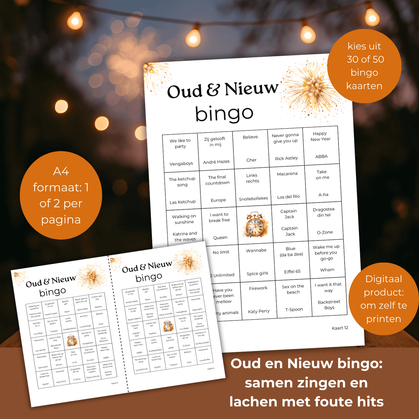 Bingo voor oud en nieuw feest, inclusief complete muzieklijst en omroepkaarten