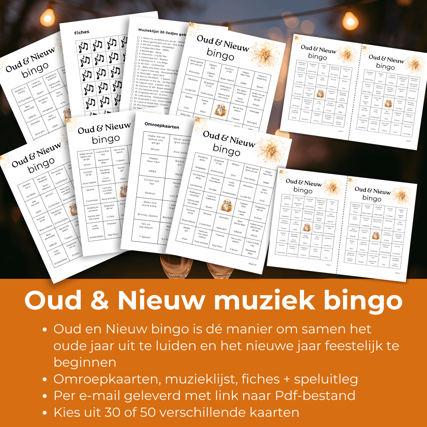 Te printen oud en nieuw bingo kaarten met bekende liedjes
